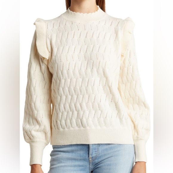 New FRNCH Paris Cream sweat Valeria Ruffle Shoulder Pointelle Sweater - Picture 2 of 9